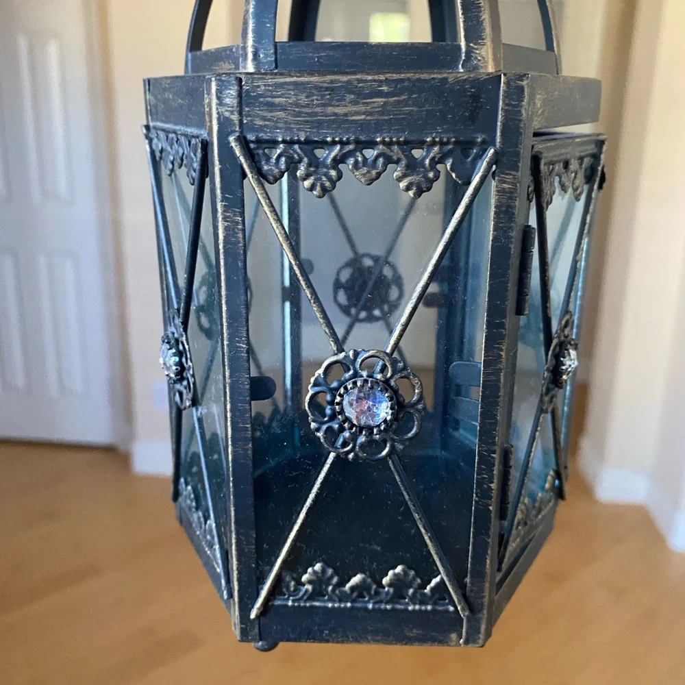 Vintage Candle Holder Black and Gold Lantern With Embellishment